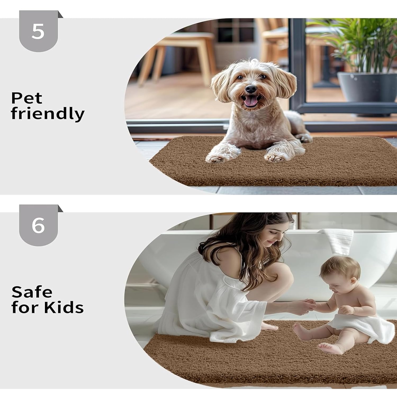Pet-friendly brown bathmat with dog, safe for kids, soft and comfortable home essential