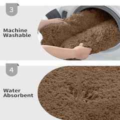 Brown bathmat showing machine washable feature and water absorbency, bathroom essentials