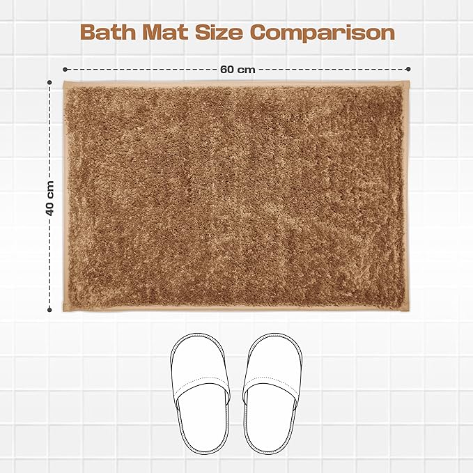 Brown bath mat size comparison 60x40 cm on tiled floor with slippers illustration