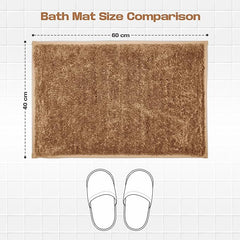 Brown bath mat size comparison 60x40 cm on tiled floor with slippers illustration