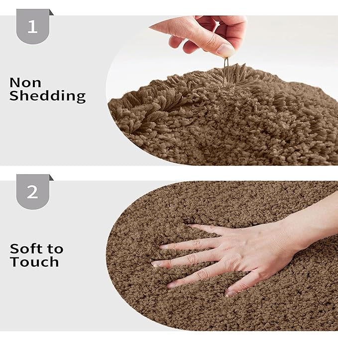 Brown bathmat showing non-shedding and soft-to-touch texture with hand demonstrations