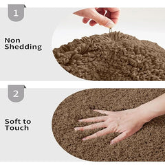 Brown bathmat showing non-shedding and soft-to-touch texture with hand demonstrations