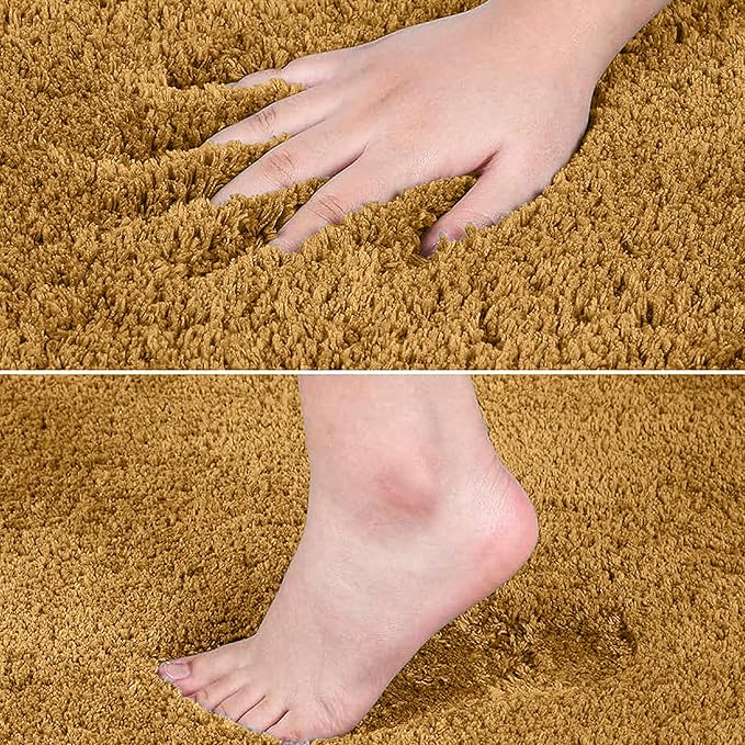 Hand and foot testing softness and texture of a plush brown bathmat or rug