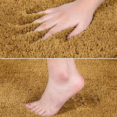 Hand and foot testing softness and texture of a plush brown bathmat or rug