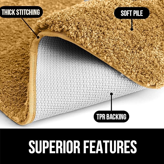 Brown bathmat showing thick stitching, soft pile, and TPR backing, ideal for bathrooms.