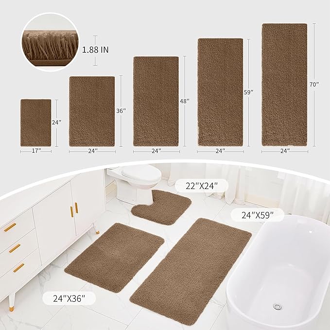 Brown bathmats in various sizes, shown in a modern bathroom with a bathtub and toilet.