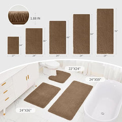 Brown bathmats in various sizes, shown in a modern bathroom with a bathtub and toilet.