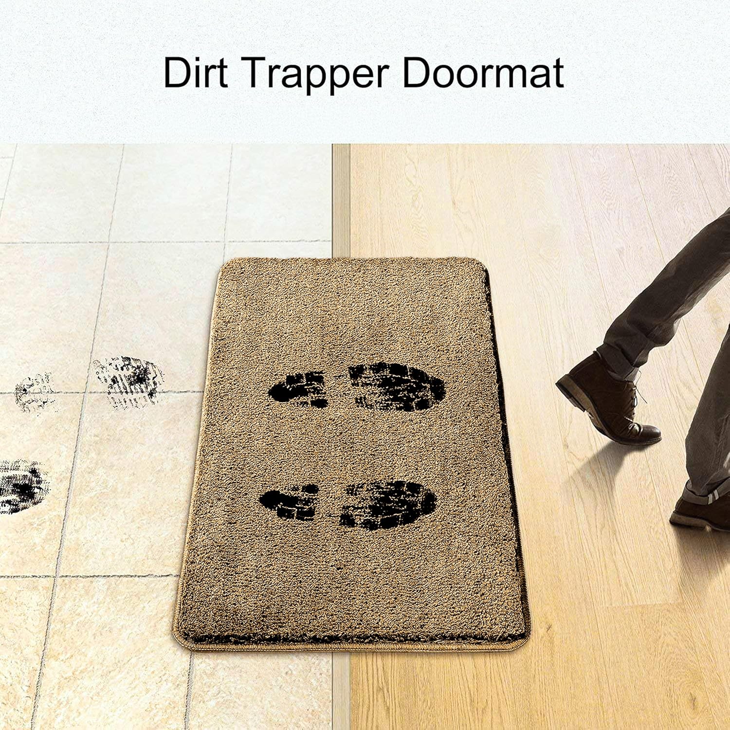Beige dirt trapper doormat with black footprint prints at entryway, catching dirt from shoes.