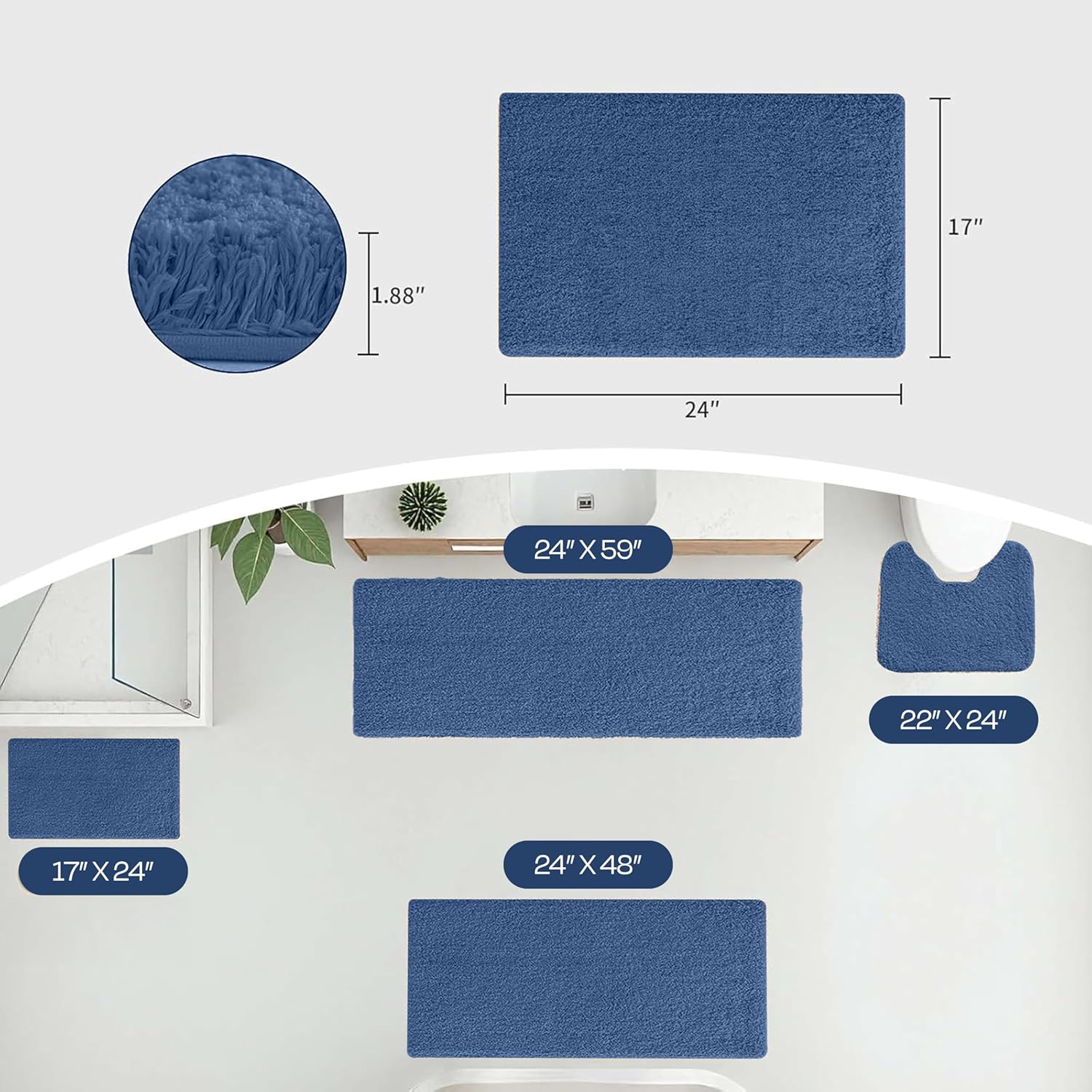 Blue bath mat set with multiple size options for bathroom, soft plush texture, non-slip design