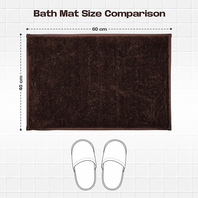 Brown bath mat size comparison 60x40 cm on tile floor with slippers illustration
