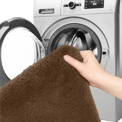 Hand holding brown bathmat in front of washing machine, showing washable bathroom rug