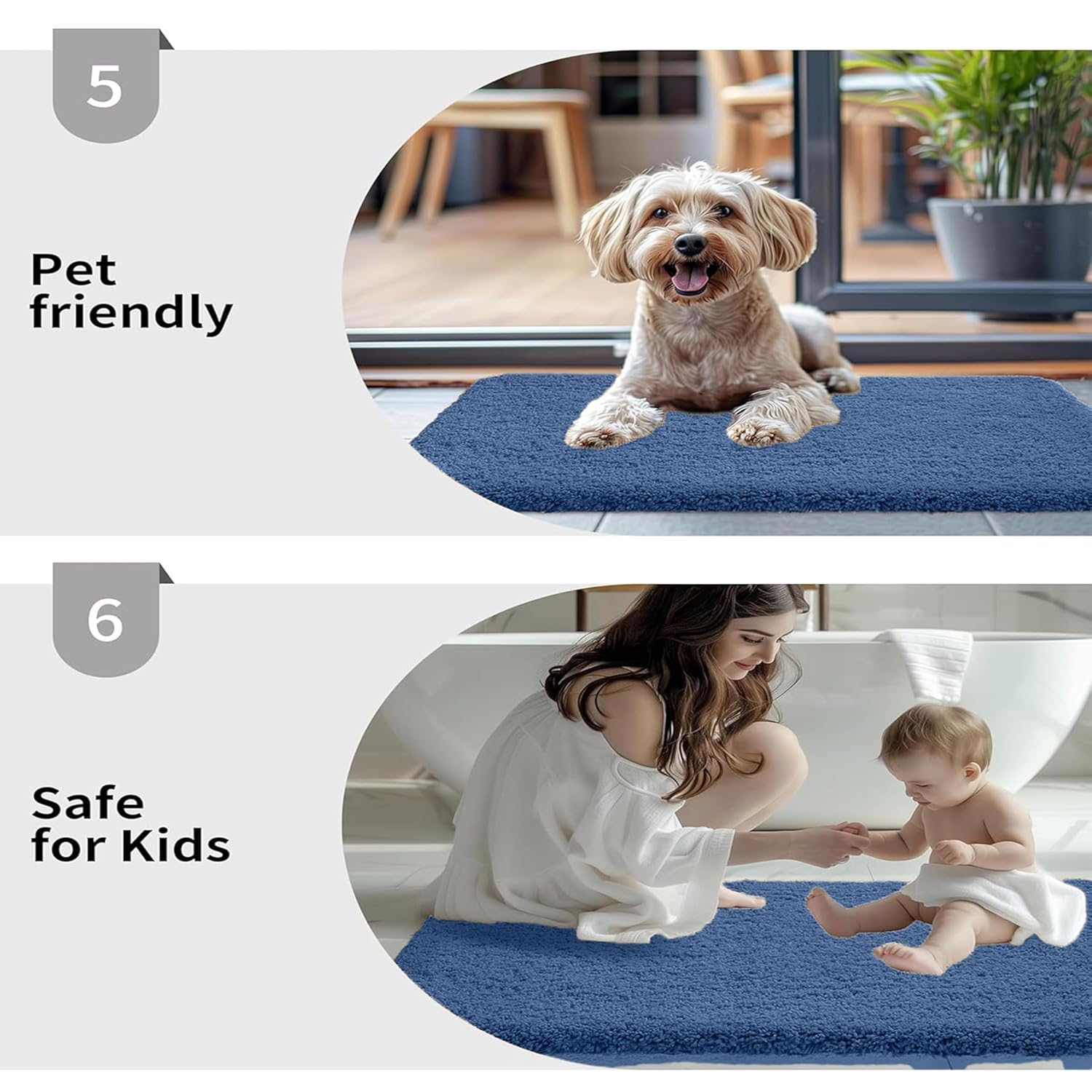 Blue bathmat shown as pet friendly and safe for kids, with a dog and baby on the mat.