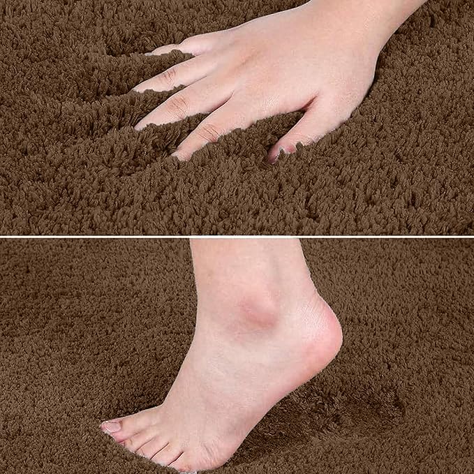 Hand and foot pressing on soft brown bathmat, showing plush texture and comfort.