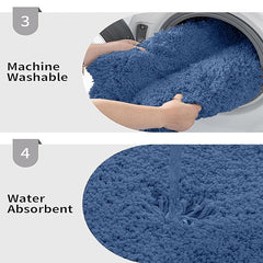Blue bathmat being machine washed and shown absorbing water, illustrating its absorbency.