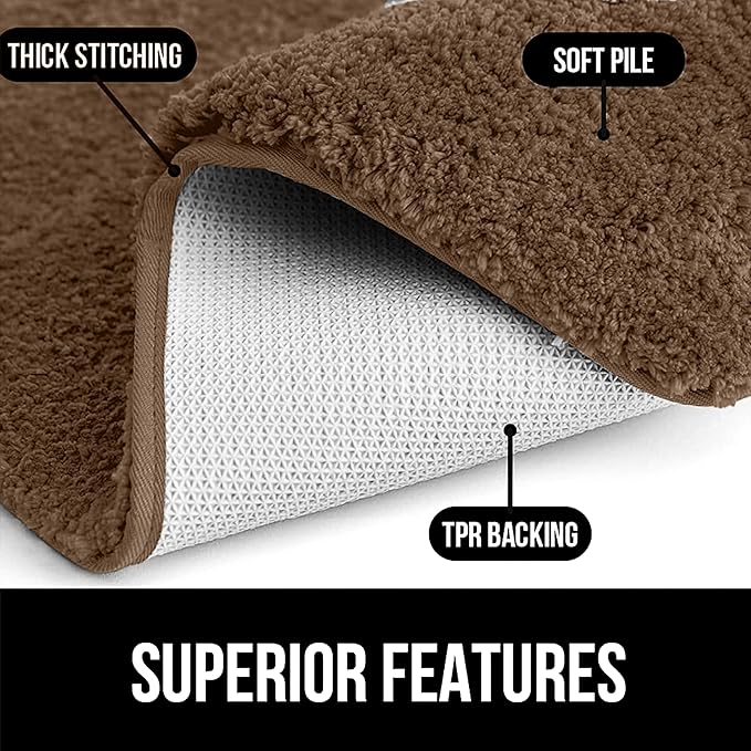 Brown bathmat with thick stitching, soft pile, and TPR backing, close-up features view