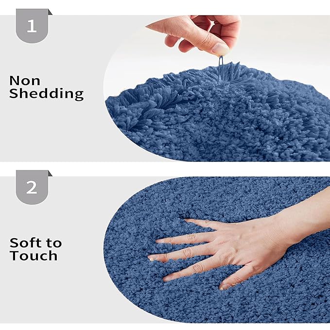 Blue bathmat with non-shedding and soft touch features, hand pressing surface
