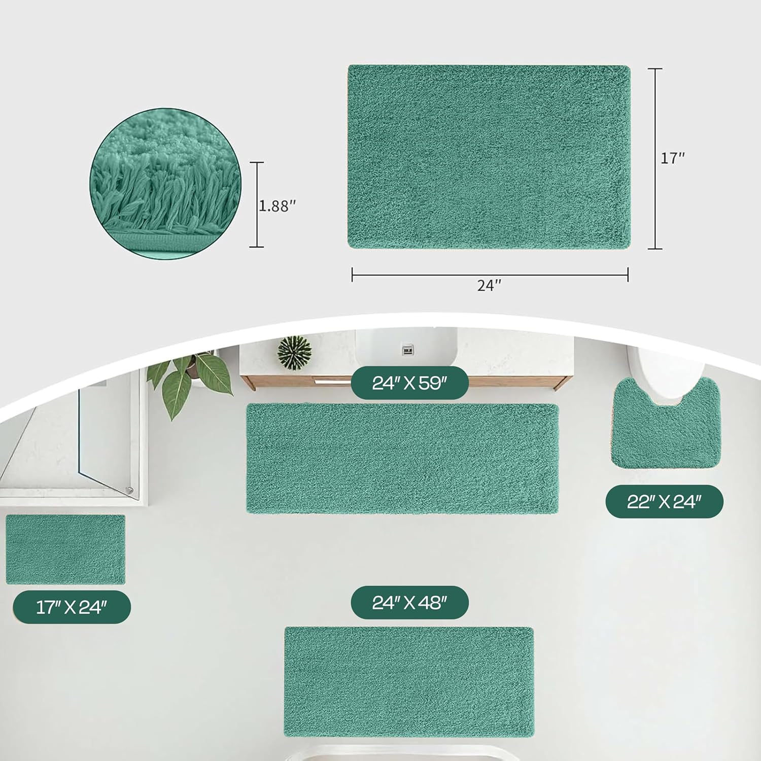 Aqua green bathmat set in multiple sizes for bathroom, ultra-soft microfiber texture.