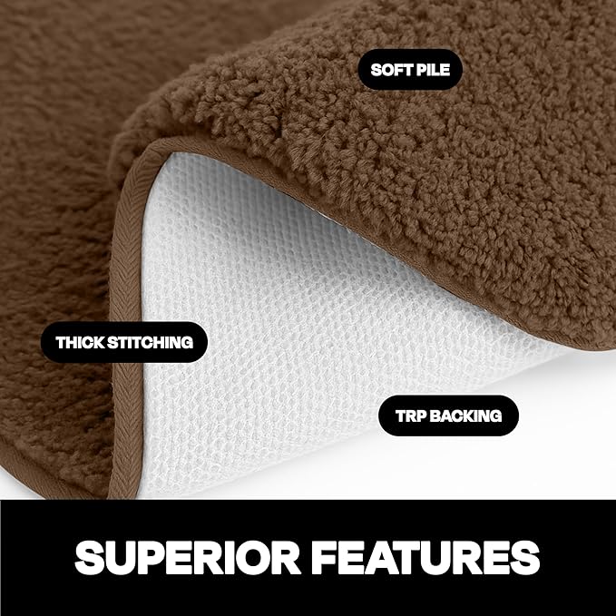 Close-up of brown bathmat showing soft pile, thick stitching, and TRP anti-slip backing.