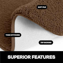 Close-up of brown bathmat showing soft pile, thick stitching, and TRP anti-slip backing.