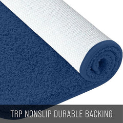 Blue bathmat with soft textured surface and non-slip white backing, rolled up