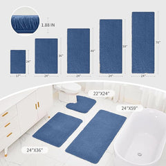 Blue bathmats in various sizes for bathroom, shown in modern bathroom setting with labeled dimensions.