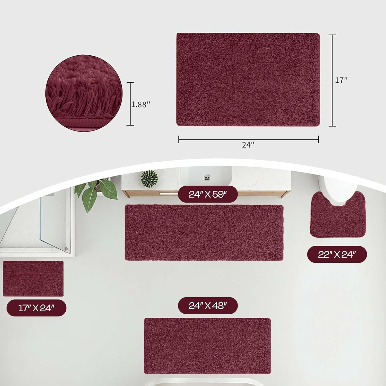 Burgundy bath mat set in multiple sizes displayed in a bathroom setting with dimensions.