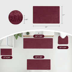 Burgundy bath mat set in multiple sizes displayed in a bathroom setting with dimensions.