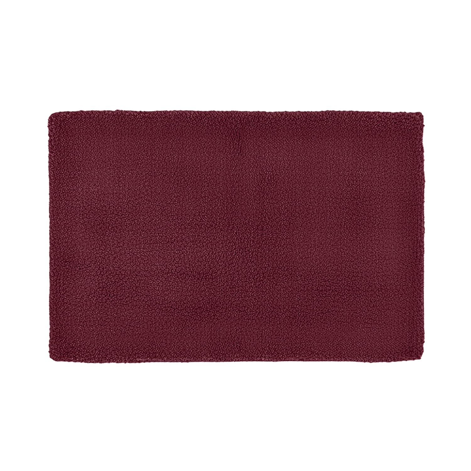 Burgundy rectangular bathmat with a textured, soft surface on a white background