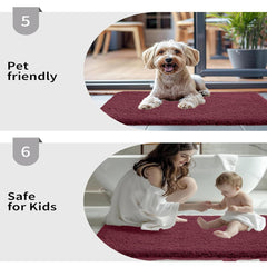 Maroon bathmat shown with a dog and a baby, highlighting pet and kid-friendly features.