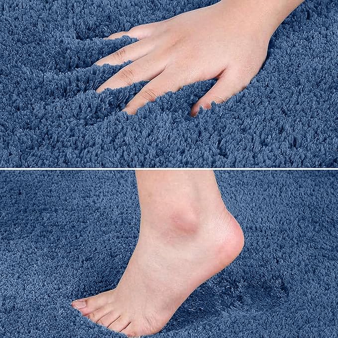 Hand and bare foot touching a soft blue bathroom mat with plush texture