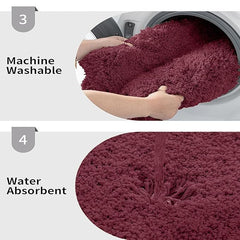 Maroon bathmat showing machine washable and water absorbent features