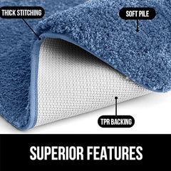 Close-up of blue bathmat showing soft pile, thick stitching, and TPR non-slip backing.
