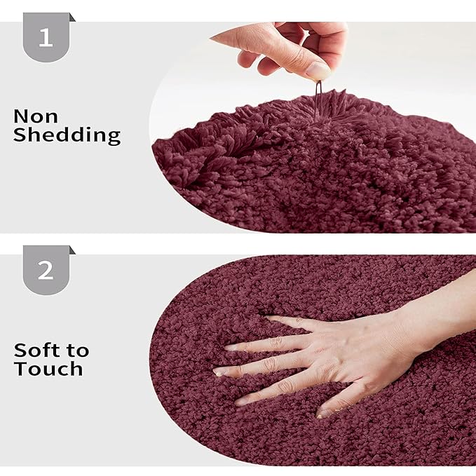 Maroon bathmat with non-shedding and soft to touch features, shown with hand testing texture.
