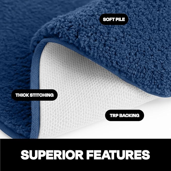 Blue bathmat close-up showing soft pile, thick stitching, and non-slip TRP backing.