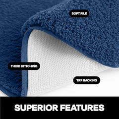 Blue bathmat close-up showing soft pile, thick stitching, and non-slip TRP backing.