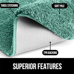 Close-up of a green bathmat showing thick stitching, soft pile, and TPR backing features.