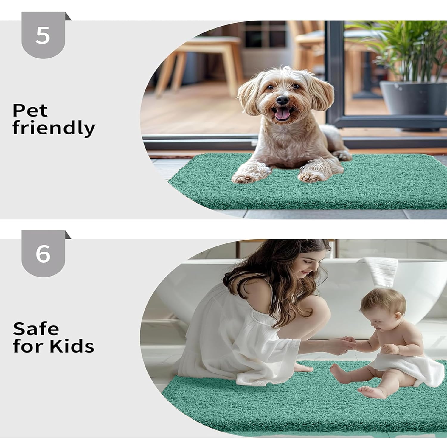 Green bathmat shown as pet friendly and safe for kids, with dog and mother-baby duo.