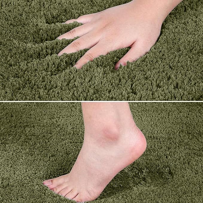 Hand and foot pressing on soft green bathmat, showing plush texture and comfort