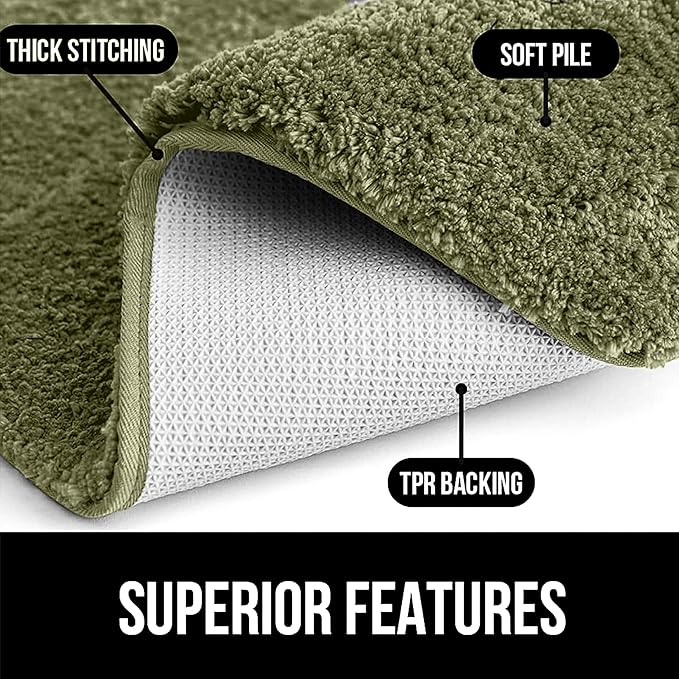 Green bathmat with thick stitching, soft pile, and TPR anti-slip backing