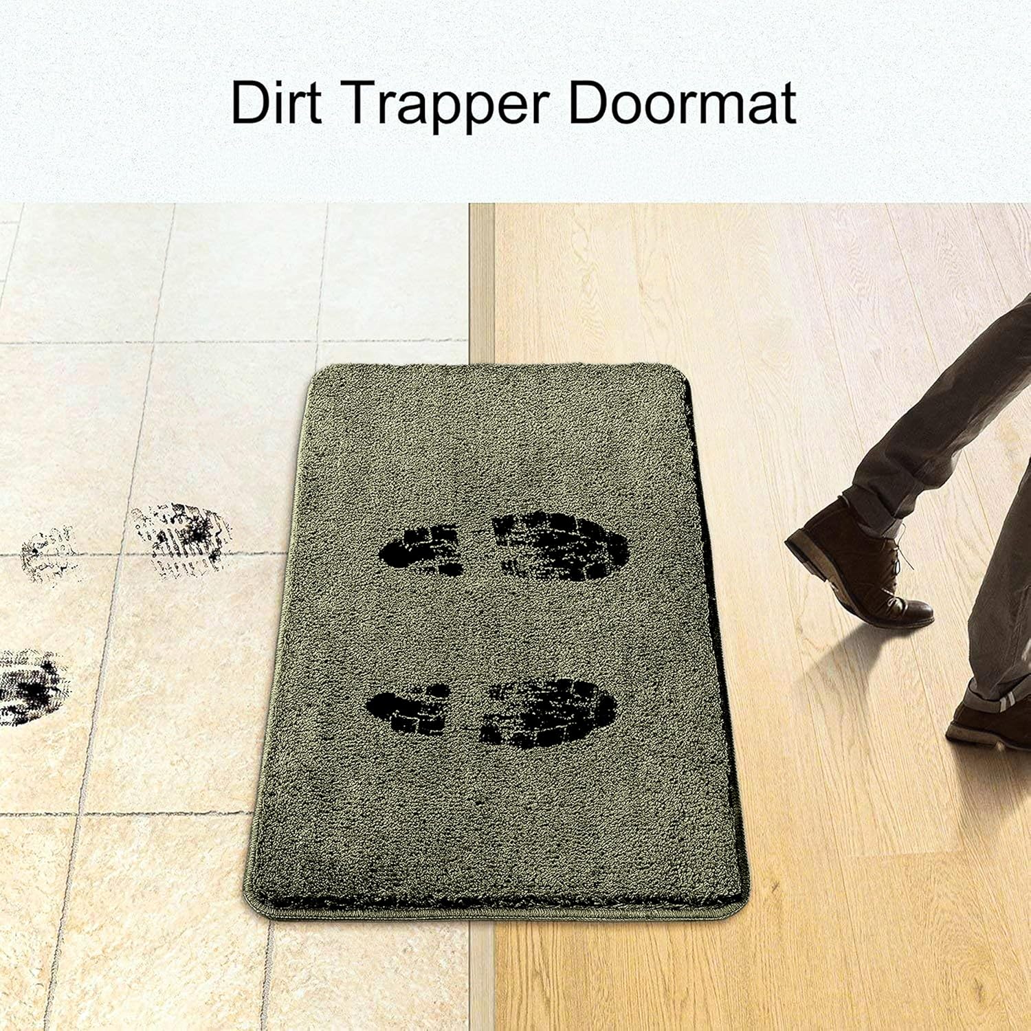 Gray dirt trapper doormat with black footprint design on floor, catching dirt from shoes