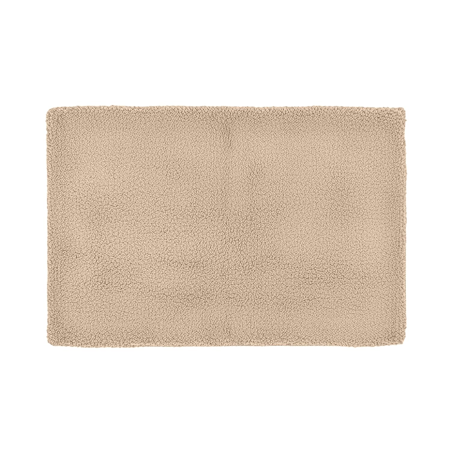 Beige rectangular bathmat with soft textured surface on white background