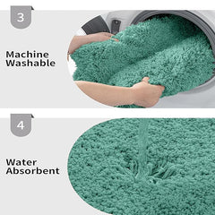 Teal bathmat shown being machine washed and demonstrating water absorbency.