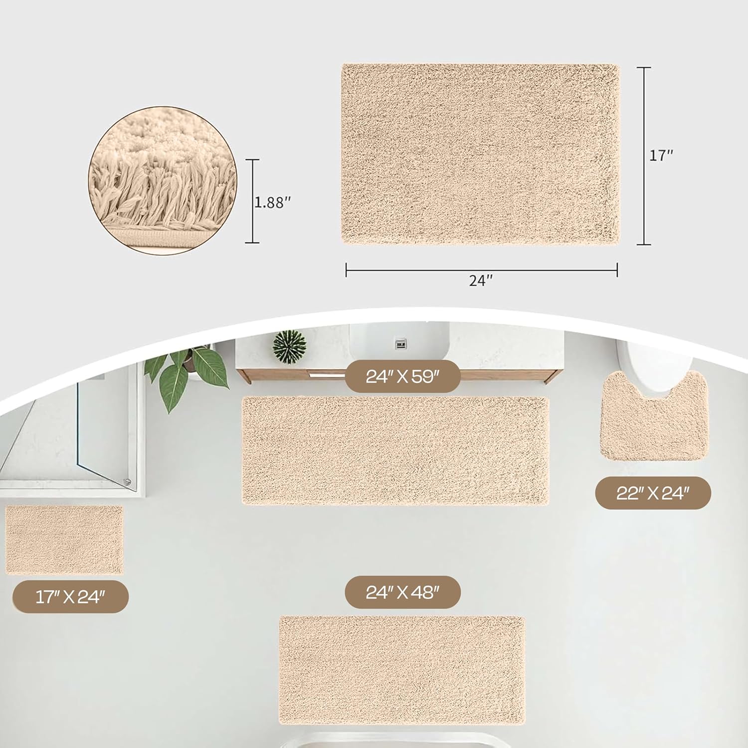 Beige bathmat set in multiple sizes, soft plush texture, shown in a modern bathroom layout.