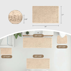 Beige bathmat set in multiple sizes, soft plush texture, shown in a modern bathroom layout.