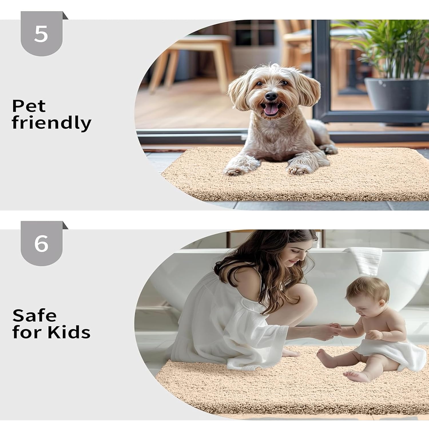 Pet-friendly and kid-safe beige bathmat with small dog, woman, and baby indoors