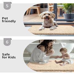Pet-friendly and kid-safe beige bathmat with small dog, woman, and baby indoors