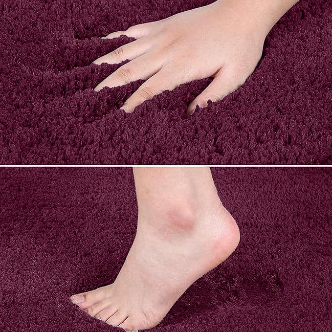 Hand and foot touching a soft, plush purple bathmat for bedroom or bathroom use