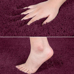 Hand and foot touching a soft, plush purple bathmat for bedroom or bathroom use