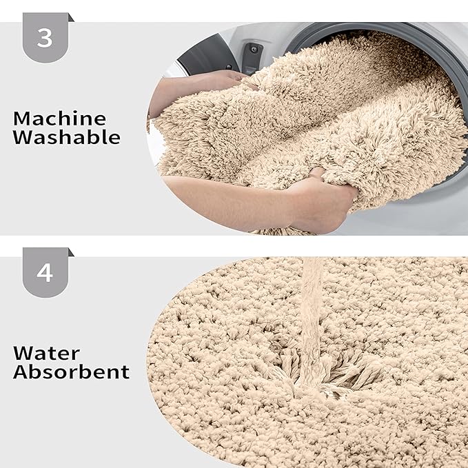 Beige bathmat shown being machine washed and displaying water absorbency feature.