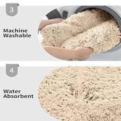 Beige bathmat shown being machine washed and displaying water absorbency feature.